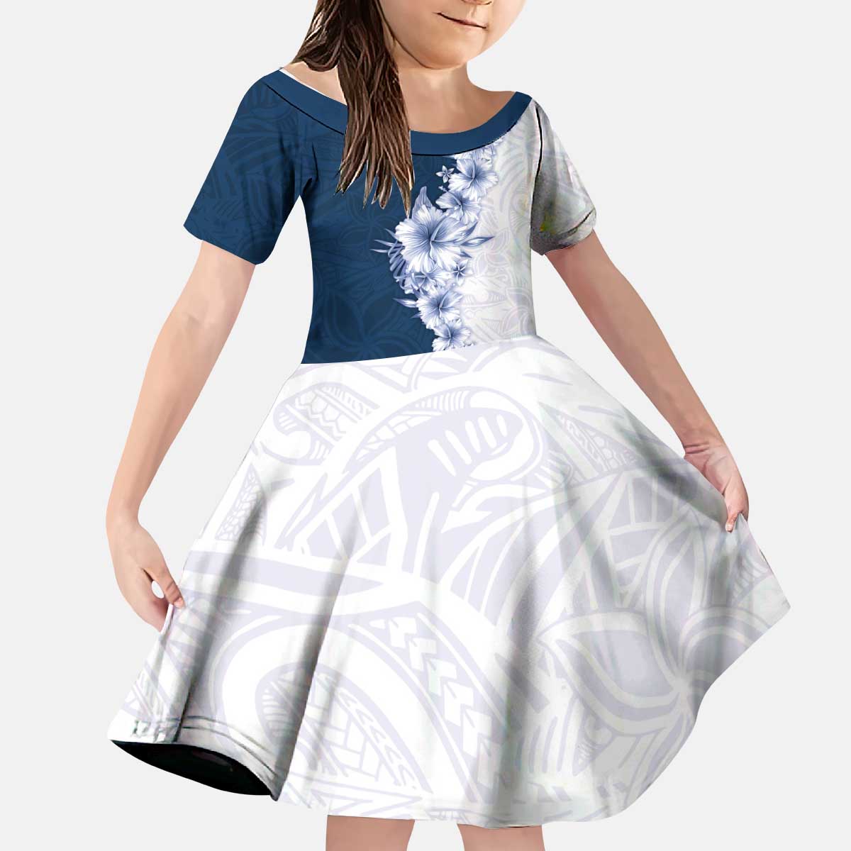 Hawaii Hibiscus Flowers Kid Short Sleeve Dress Blue Polynesian Pattern