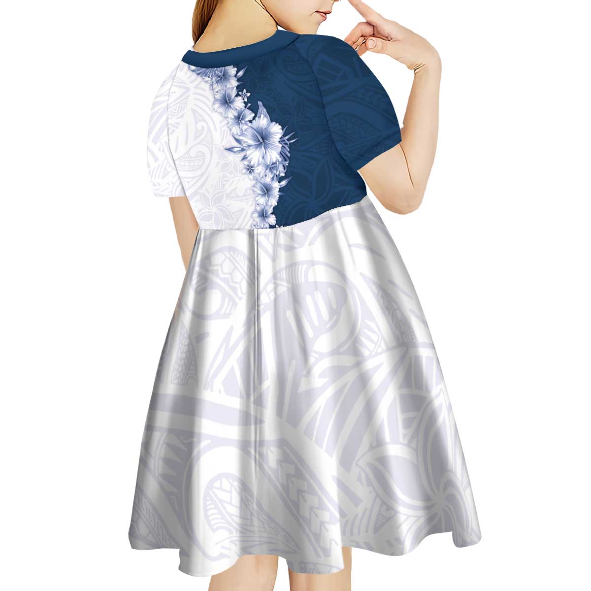 Hawaii Hibiscus Flowers Kid Short Sleeve Dress Blue Polynesian Pattern