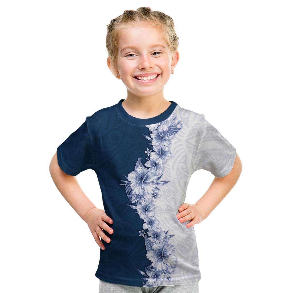 Hawaii Hibiscus Flowers Kid T Shirt Blue Polynesian Pattern