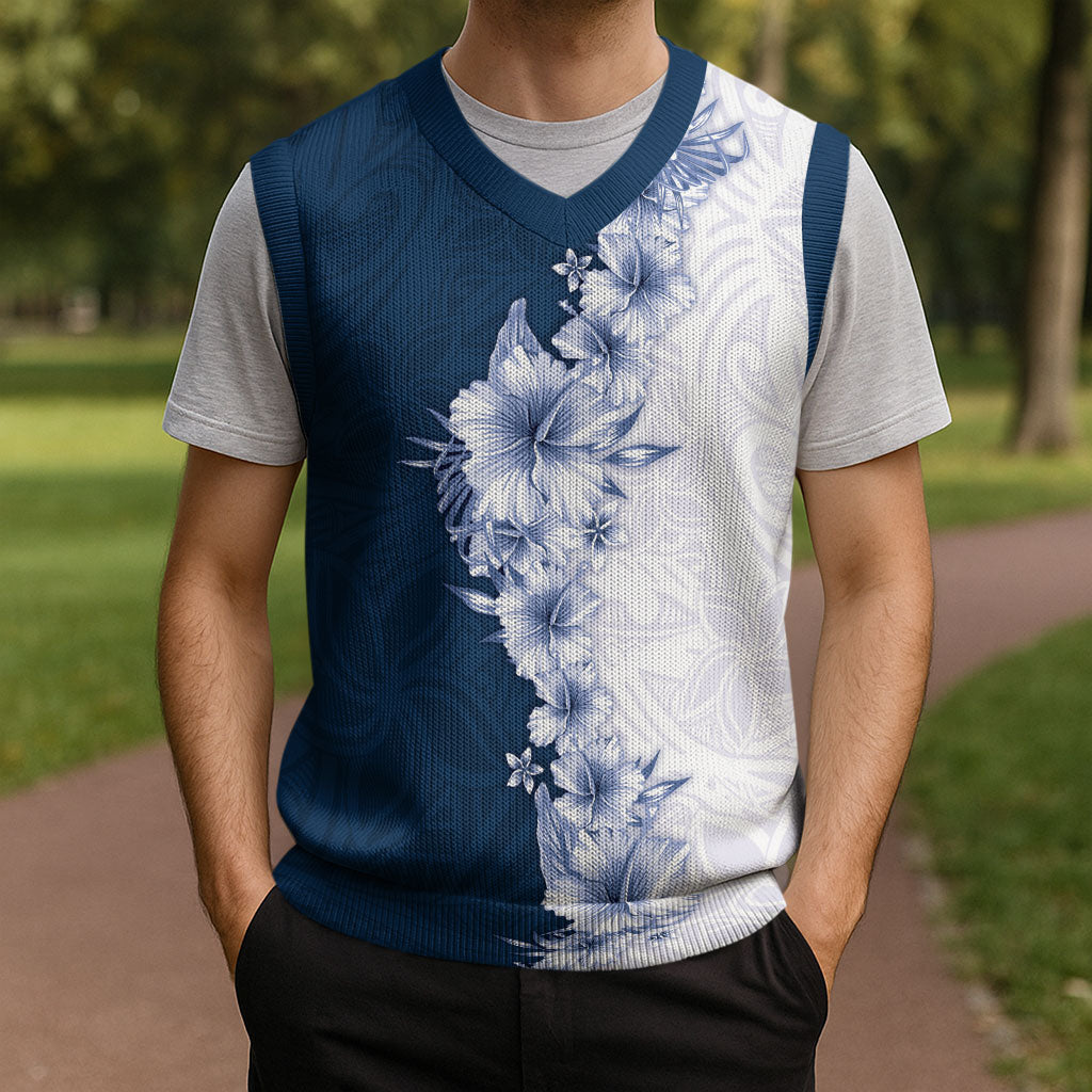 Hawaii Hibiscus Flowers Christmas Knitted V-Neck Vest Blue Polynesian Pattern LT05 - Polynesian Pride