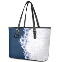 Hawaii Hibiscus Flowers Leather Tote Bag Blue Polynesian Pattern