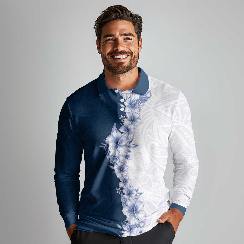 Hawaii Hibiscus Flowers Long Sleeve Polo Shirt Blue Polynesian Pattern