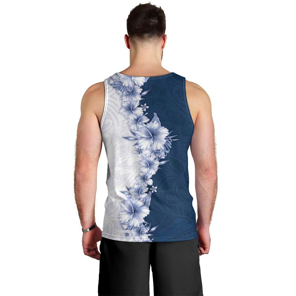 Hawaii Hibiscus Flowers Men Tank Top Blue Polynesian Pattern
