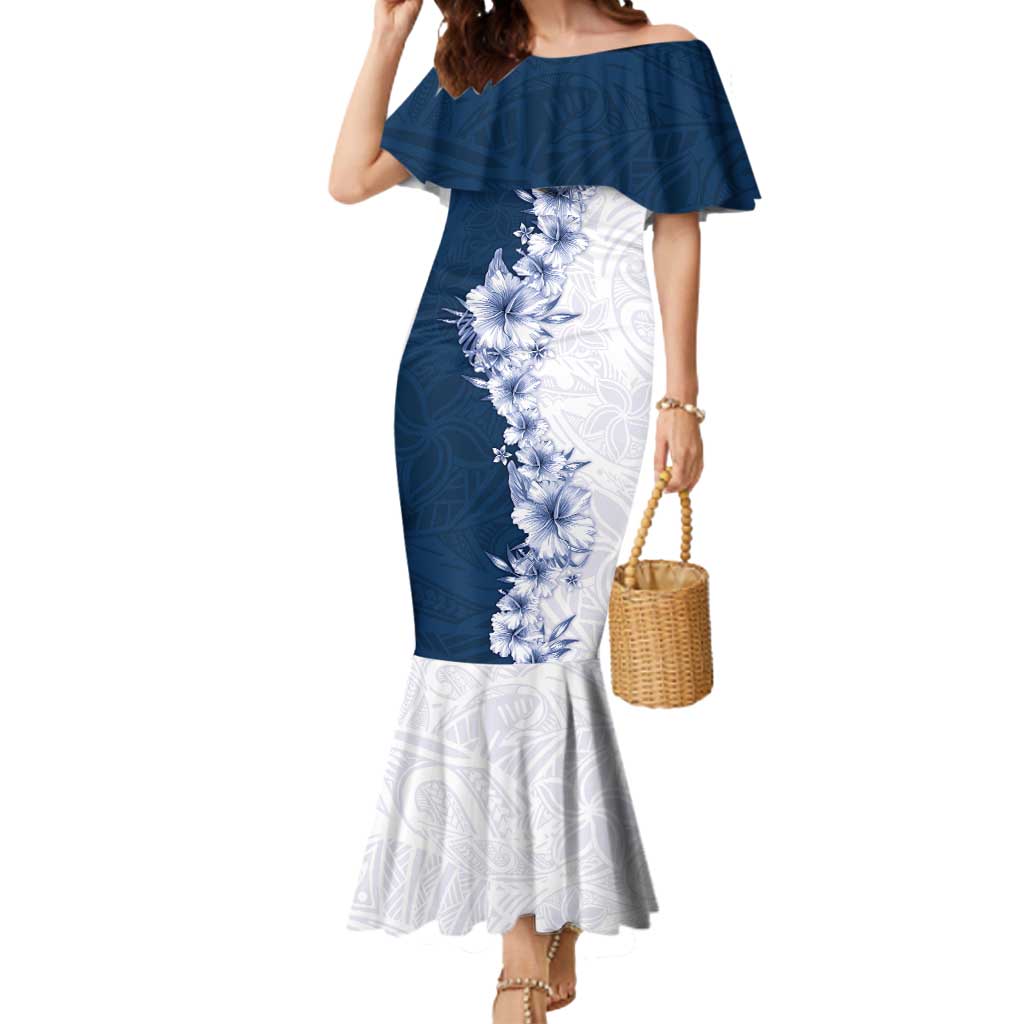 Hawaii Hibiscus Flowers Mermaid Dress Blue Polynesian Pattern