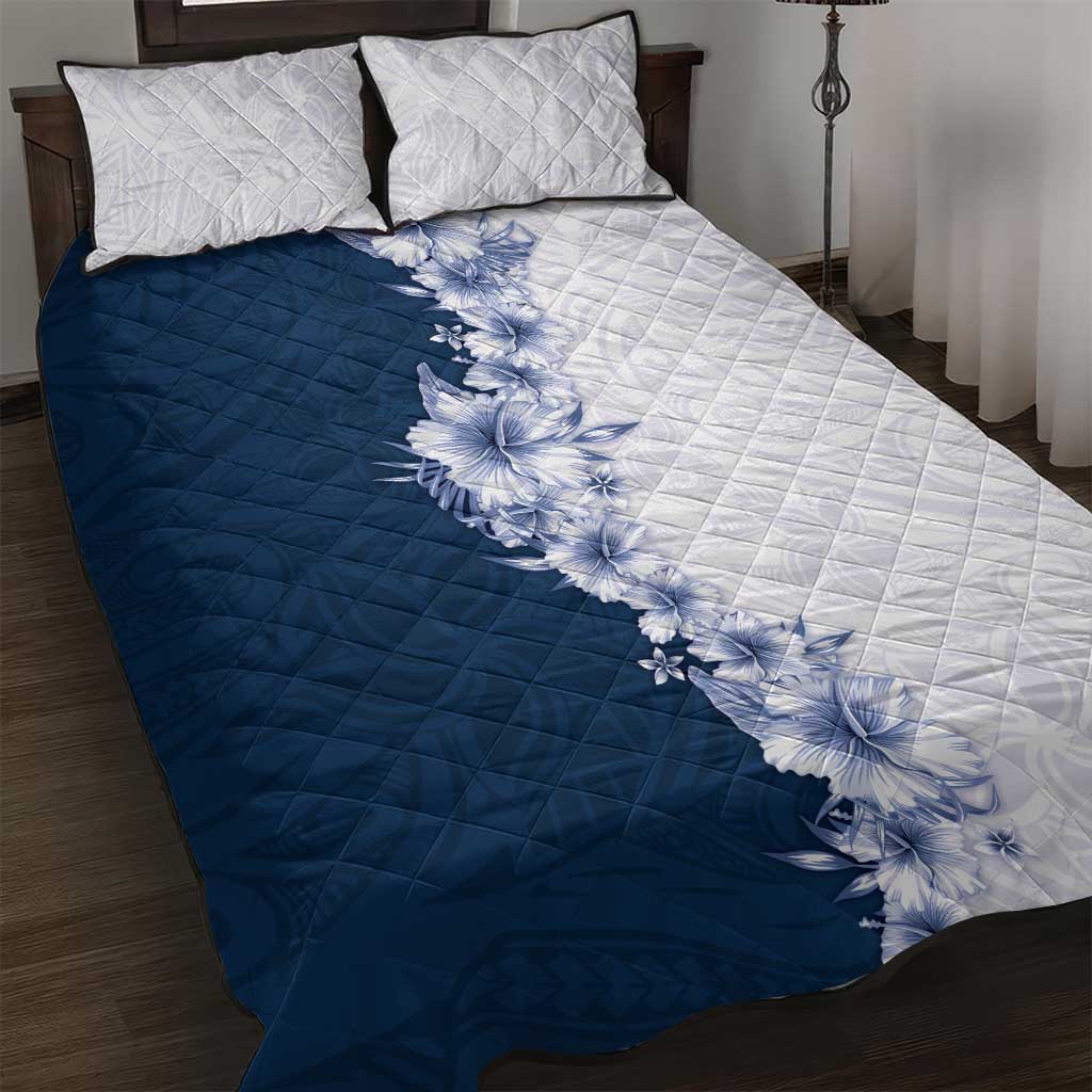 Hawaii Hibiscus Flowers Quilt Bed Set Blue Polynesian Pattern