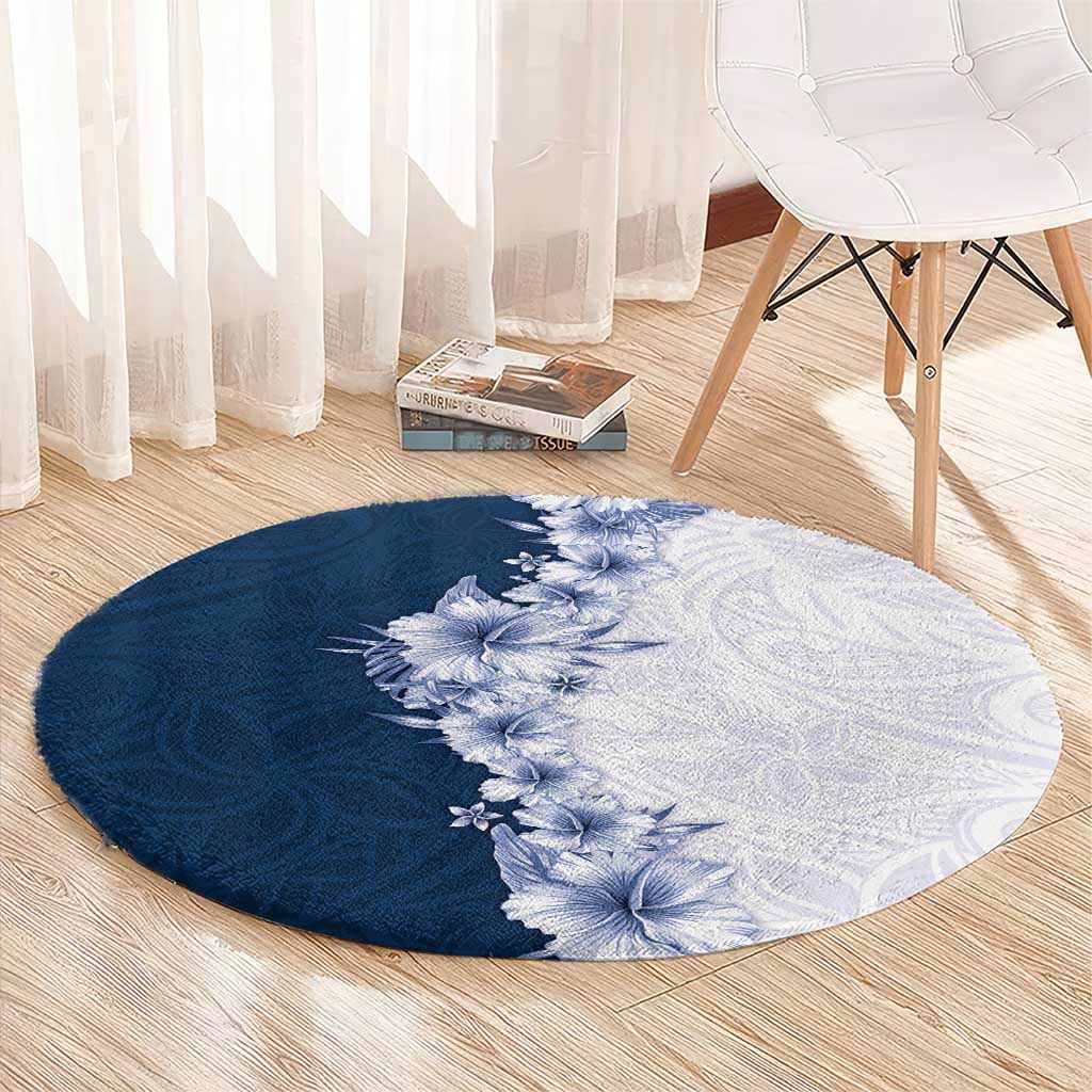 Hawaii Hibiscus Flowers Round Carpet Blue Polynesian Pattern