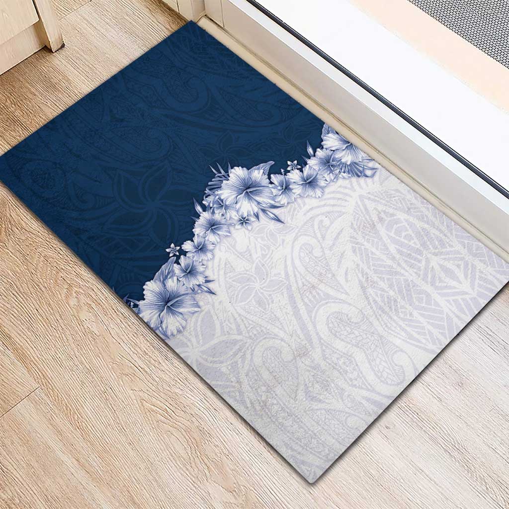 Hawaii Hibiscus Flowers Rubber Doormat Blue Polynesian Pattern