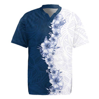 Hawaii Hibiscus Flowers Rugby Jersey Blue Polynesian Pattern