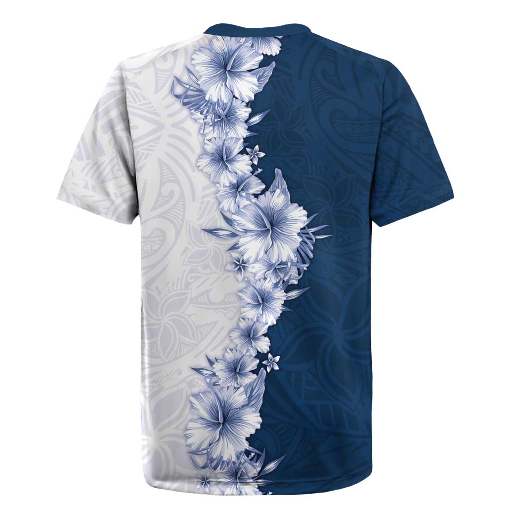 Hawaii Hibiscus Flowers Rugby Jersey Blue Polynesian Pattern