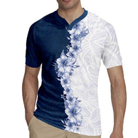 Hawaii Hibiscus Flowers Rugby Jersey Blue Polynesian Pattern