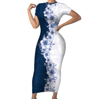 Hawaii Hibiscus Flowers Short Sleeve Bodycon Dress Blue Polynesian Pattern