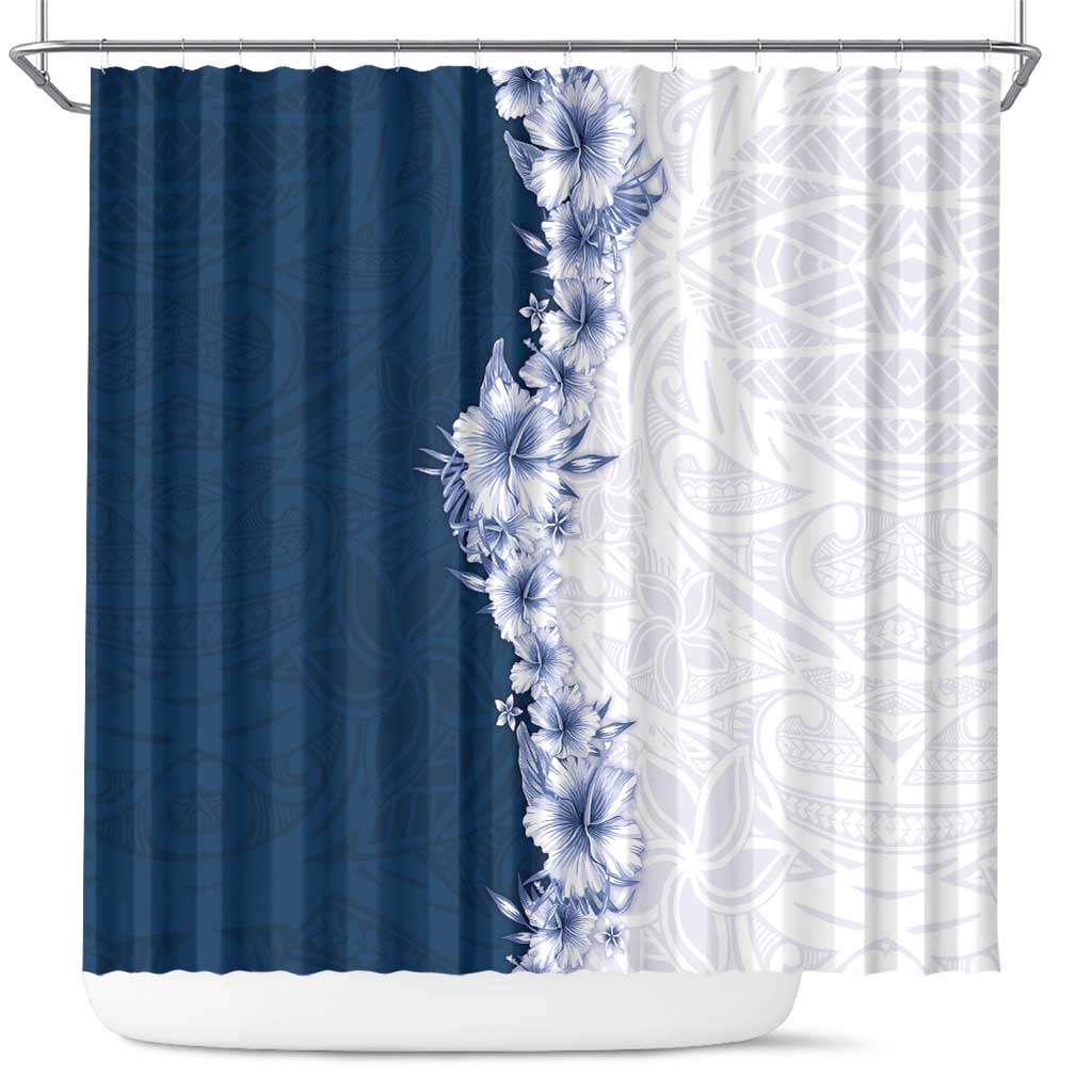 Hawaii Hibiscus Flowers Shower Curtain Blue Polynesian Pattern