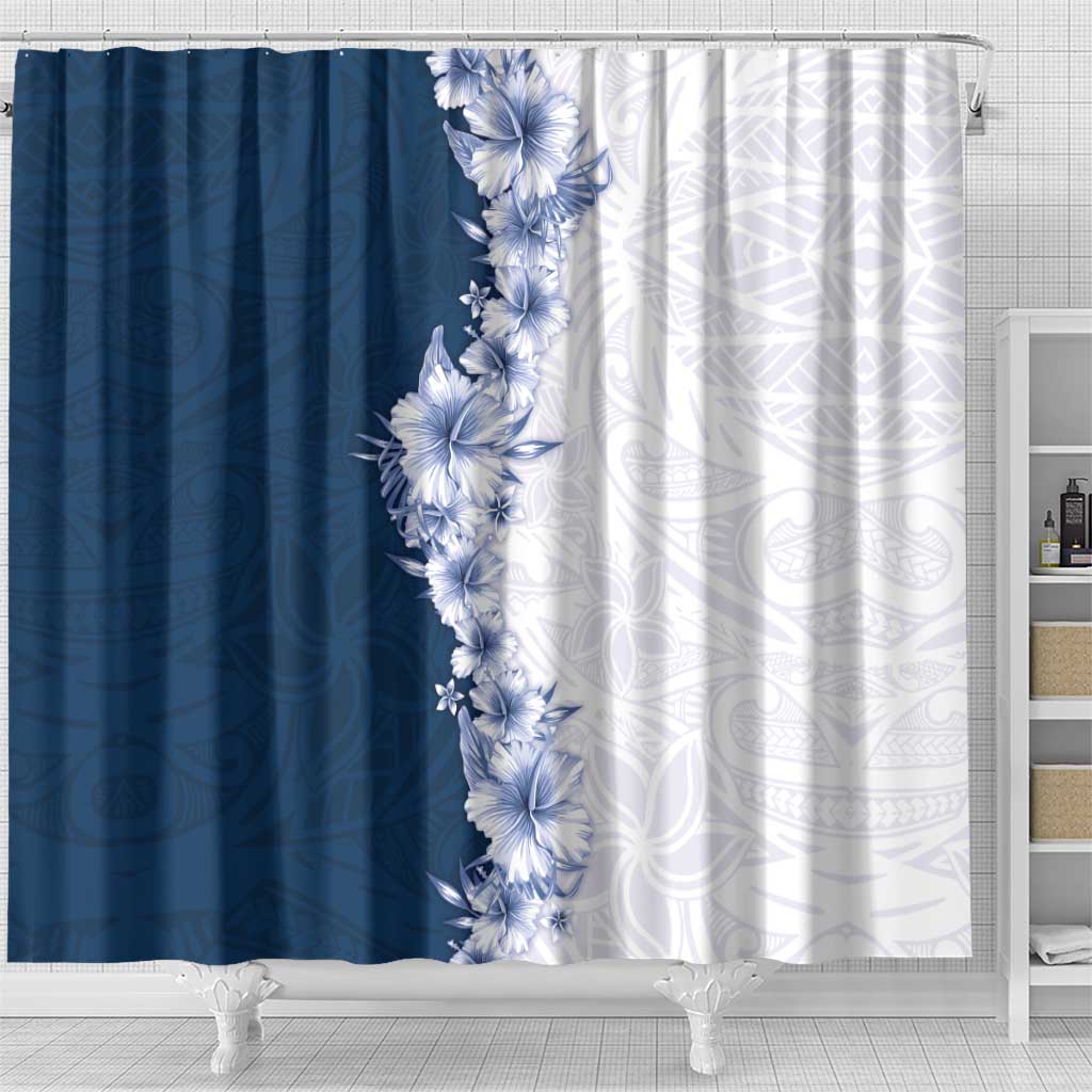 Hawaii Hibiscus Flowers Shower Curtain Blue Polynesian Pattern