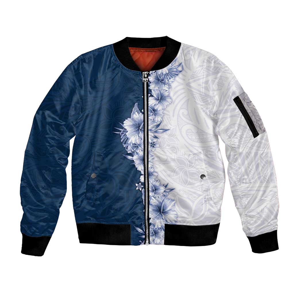 Hawaii Hibiscus Flowers Sleeve Zip Bomber Jacket Blue Polynesian Pattern