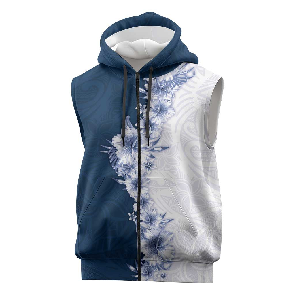 Hawaii Hibiscus Flowers Sleeveless Zip Hoodie Blue Polynesian Pattern