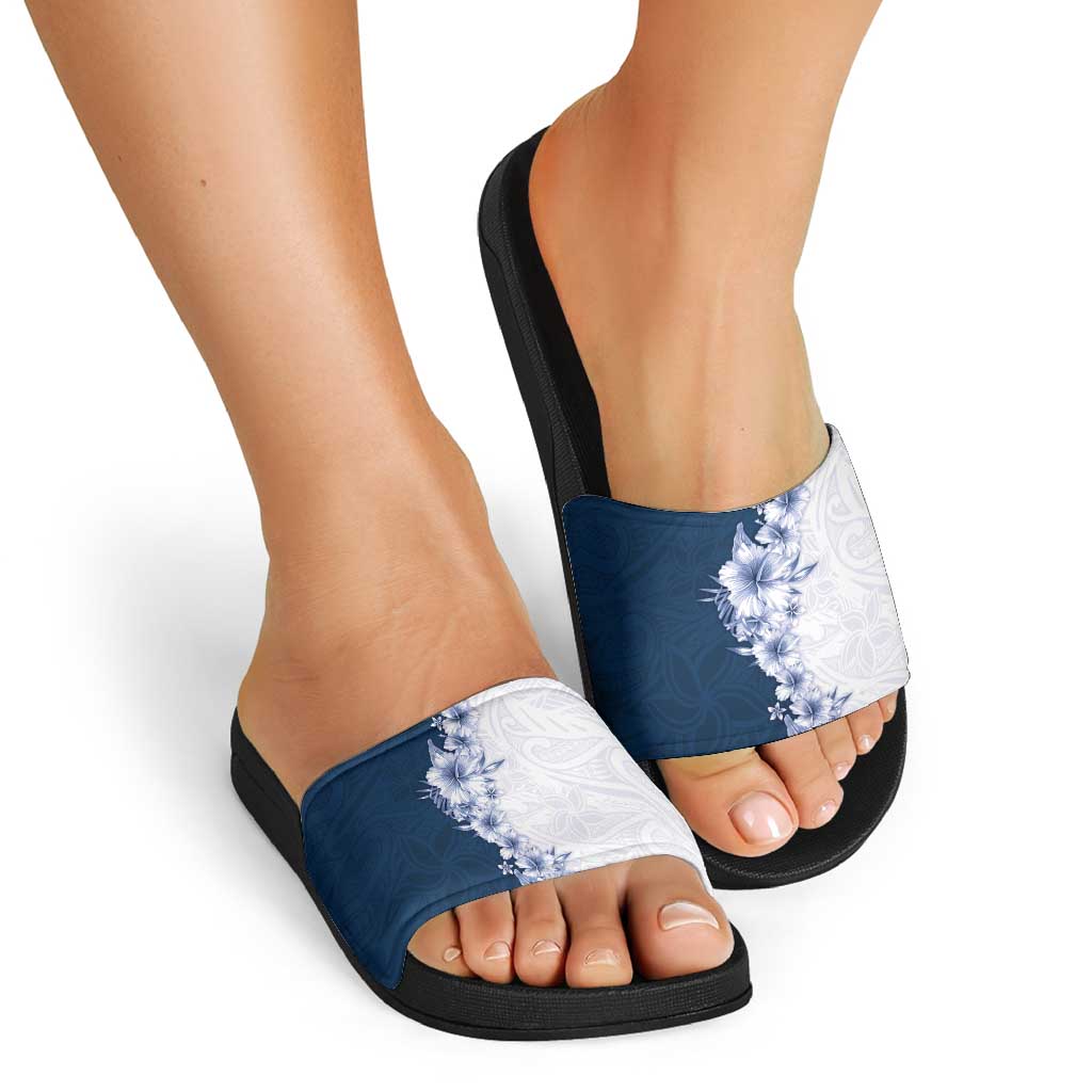 Hawaii Hibiscus Flowers Slide Sandals Blue Polynesian Pattern