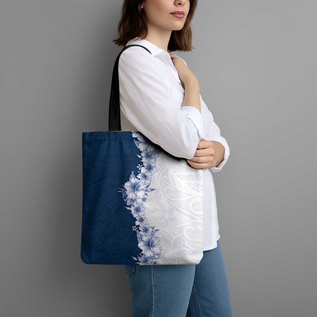 Hawaii Hibiscus Flowers Tote Bag Blue Polynesian Pattern