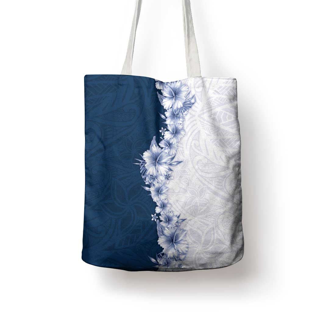 Hawaii Hibiscus Flowers Tote Bag Blue Polynesian Pattern