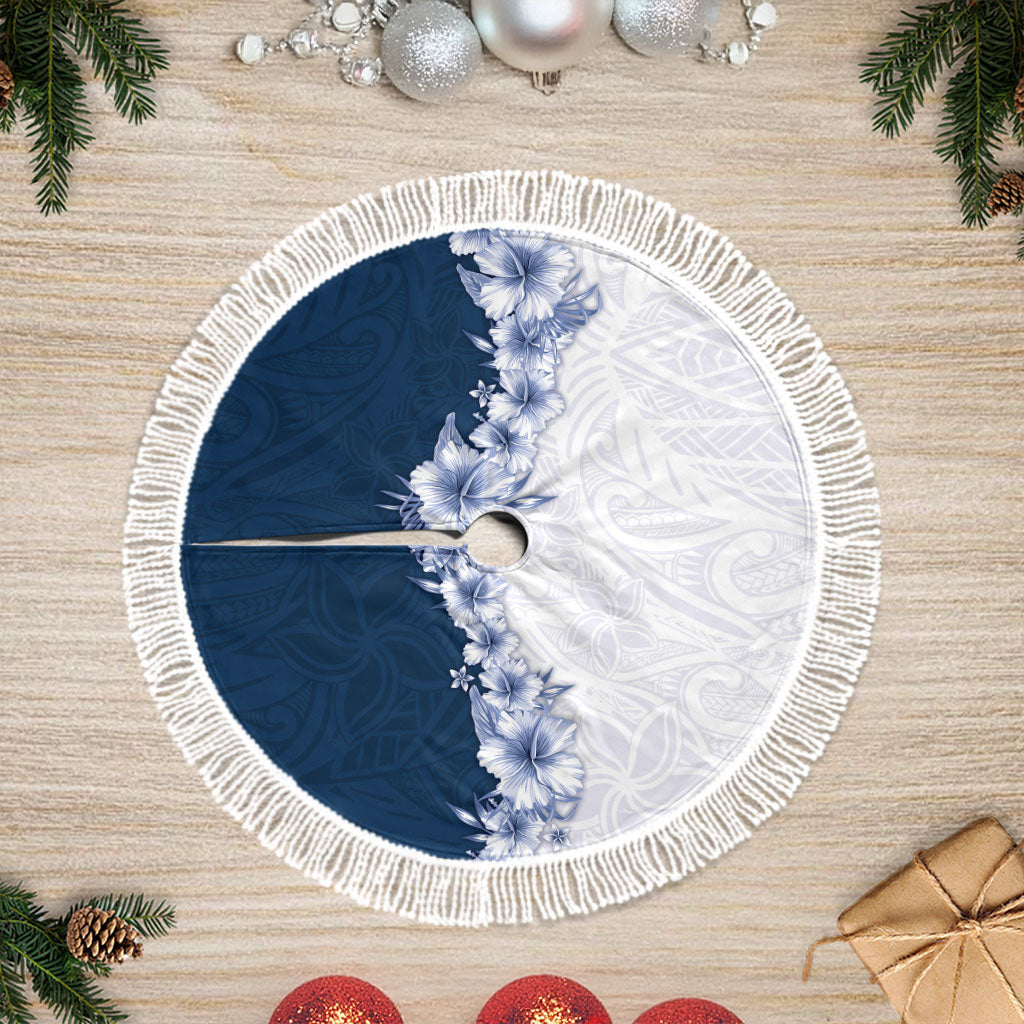 Hawaii Hibiscus Flowers Tree Skirt Blue Polynesian Pattern LT05 Fringed Blue - Polynesian Pride