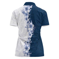Hawaii Hibiscus Flowers Women Polo Shirt Blue Polynesian Pattern