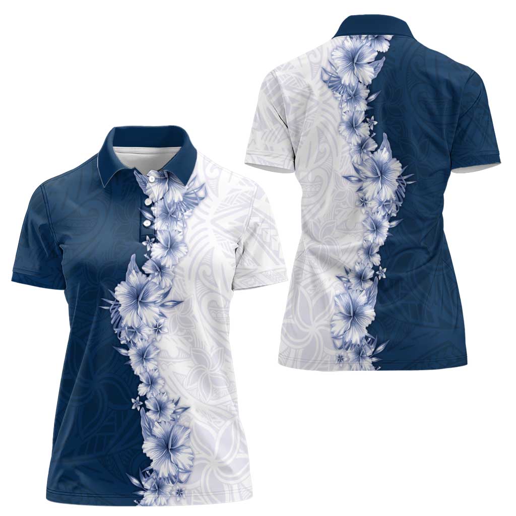 Hawaii Hibiscus Flowers Women Polo Shirt Blue Polynesian Pattern