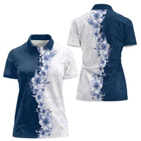 Hawaii Hibiscus Flowers Women Polo Shirt Blue Polynesian Pattern
