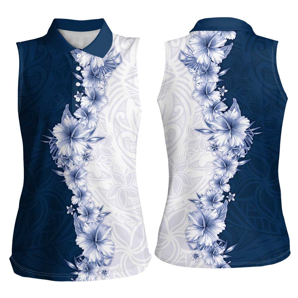 Hawaii Hibiscus Flowers Women Sleeveless Polo Shirt Blue Polynesian Pattern