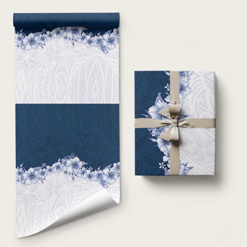 Hawaii Hibiscus Flowers Wrapping Paper Blue Polynesian Pattern