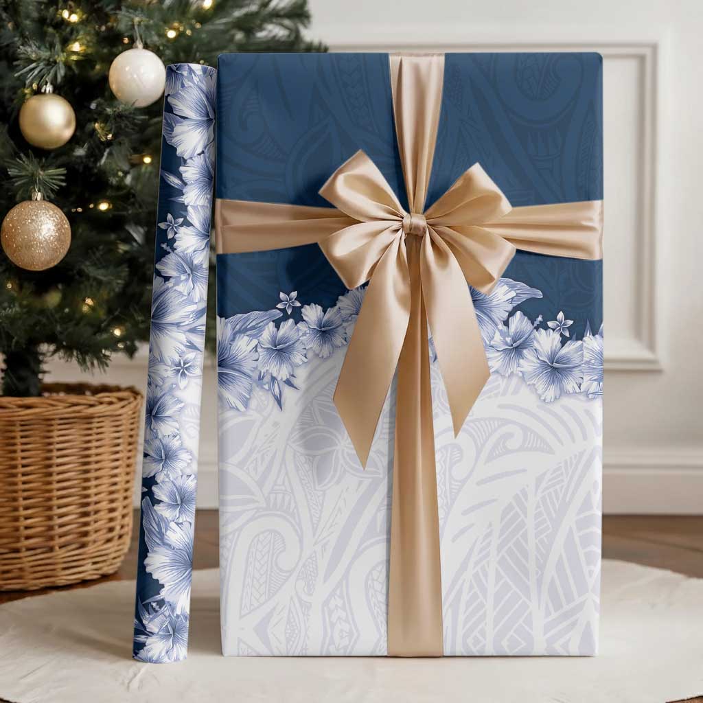 Hawaii Hibiscus Flowers Wrapping Paper Blue Polynesian Pattern