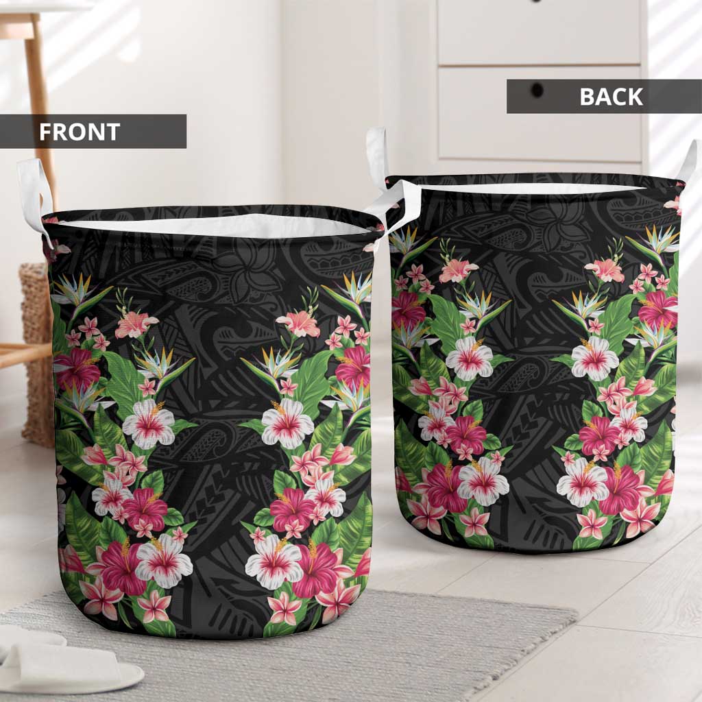 Hawaii Tropical Flowers Laundry Basket Black Polynesian Tattoo Art
