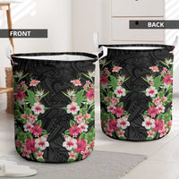 Hawaii Tropical Flowers Laundry Basket Black Polynesian Tattoo Art