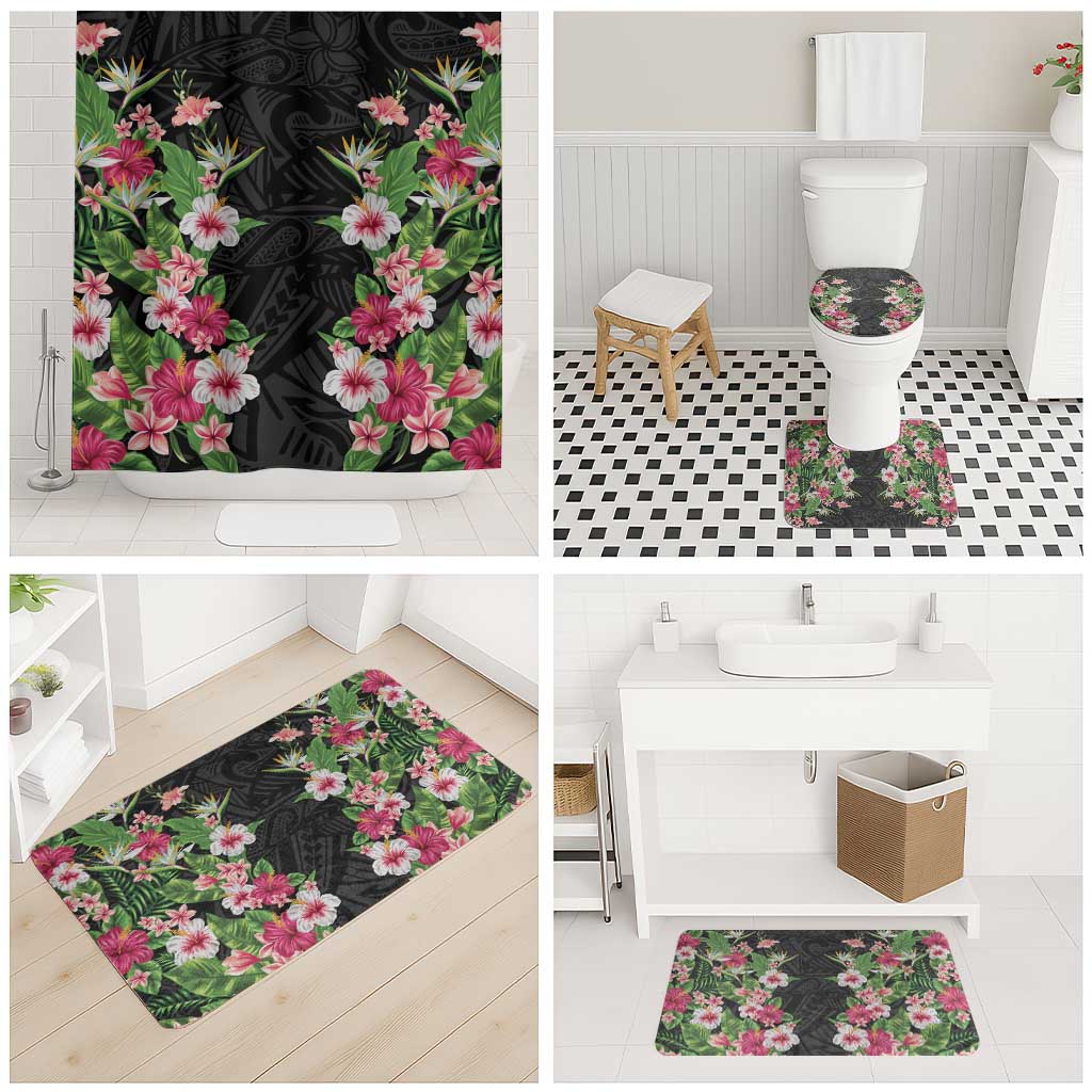Hawaii Tropical Flowers Bathroom Set Black Polynesian Tattoo Art