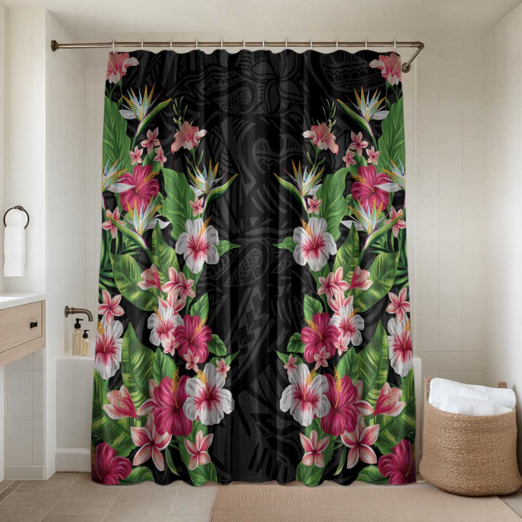 Hawaii Tropical Flowers Bathroom Set Black Polynesian Tattoo Art