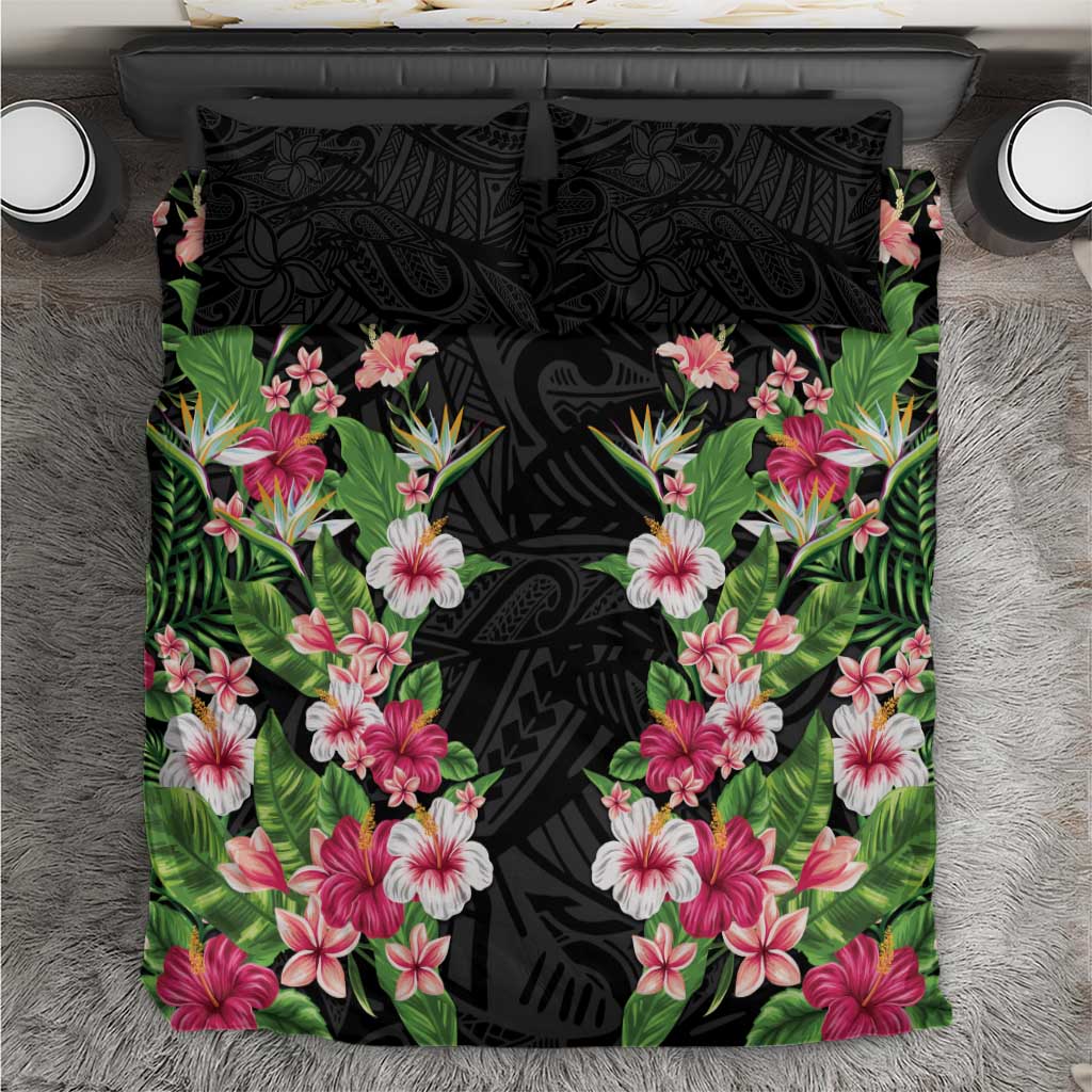Hawaii Tropical Flowers Bedding Set Black Polynesian Tattoo Art