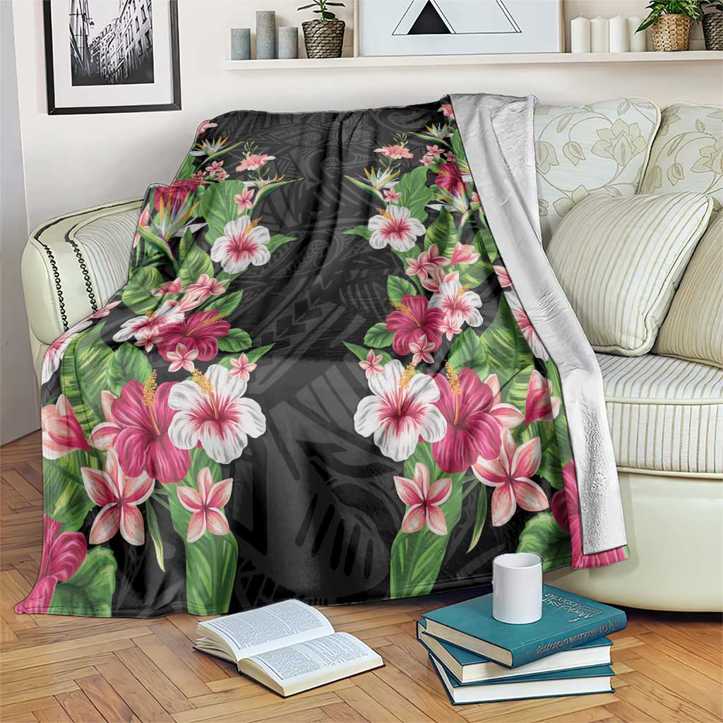 Hawaii Tropical Flowers Blanket Black Polynesian Tattoo Art