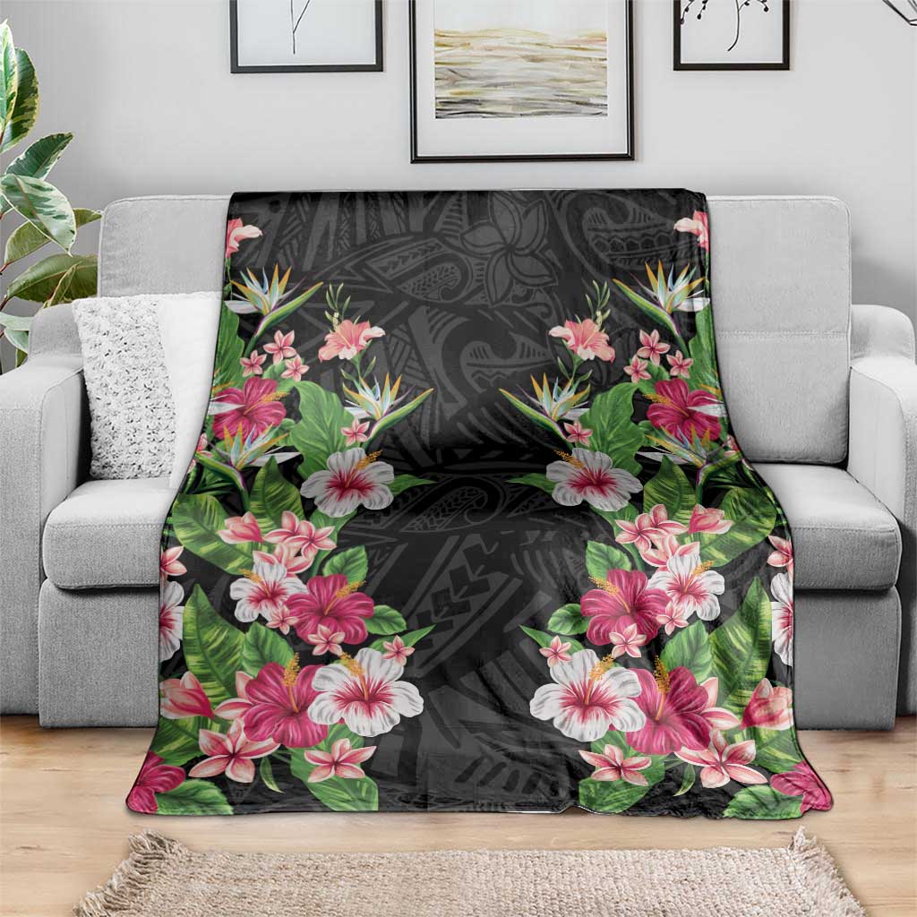 Hawaii Tropical Flowers Blanket Black Polynesian Tattoo Art