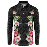 Hawaii Tropical Flowers Button Sweatshirt Black Polynesian Tattoo Art