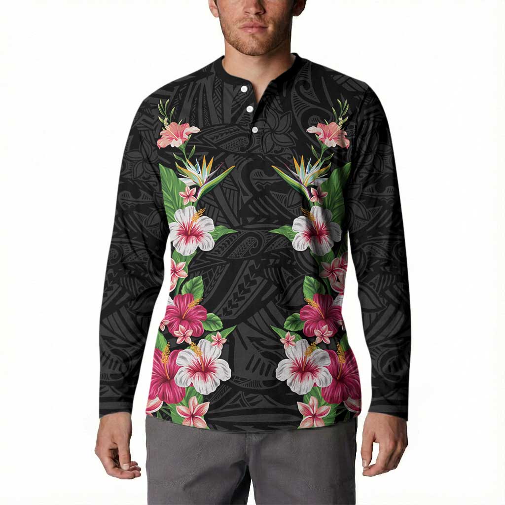 Hawaii Tropical Flowers Button Sweatshirt Black Polynesian Tattoo Art