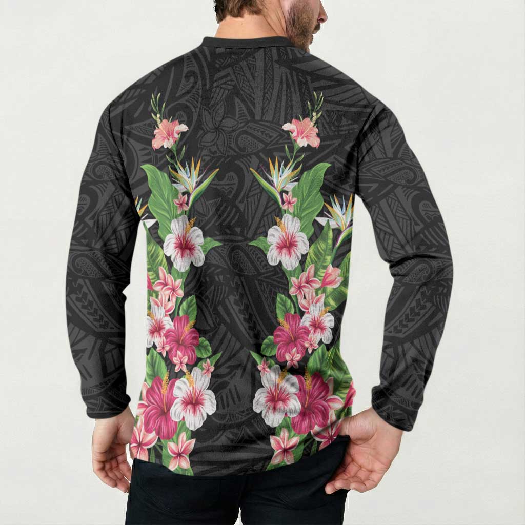 Hawaii Tropical Flowers Button Sweatshirt Black Polynesian Tattoo Art