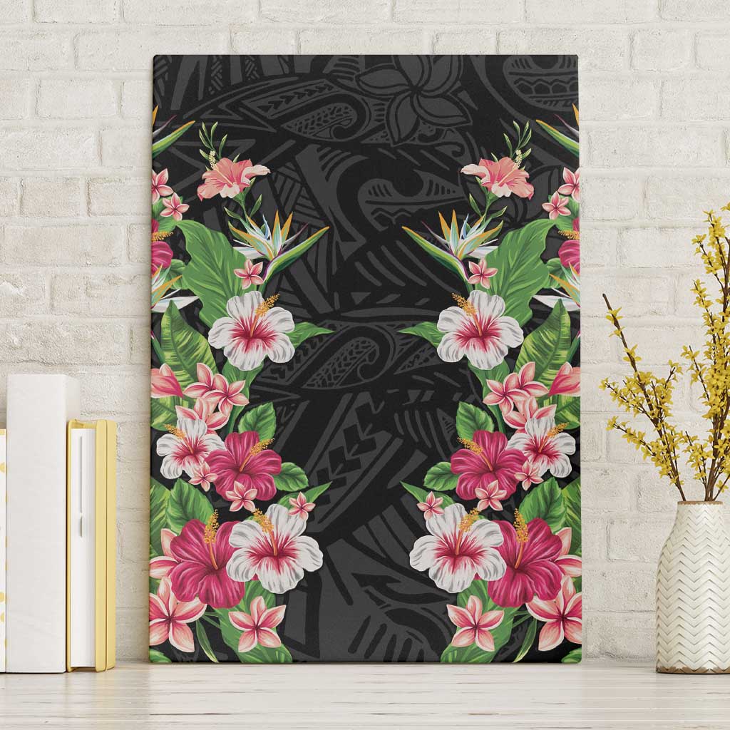 Hawaii Tropical Flowers Canvas Wall Art Black Polynesian Tattoo Art