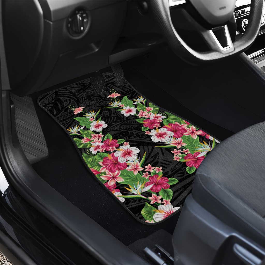 Hawaii Tropical Flowers Car Mats Black Polynesian Tattoo Art