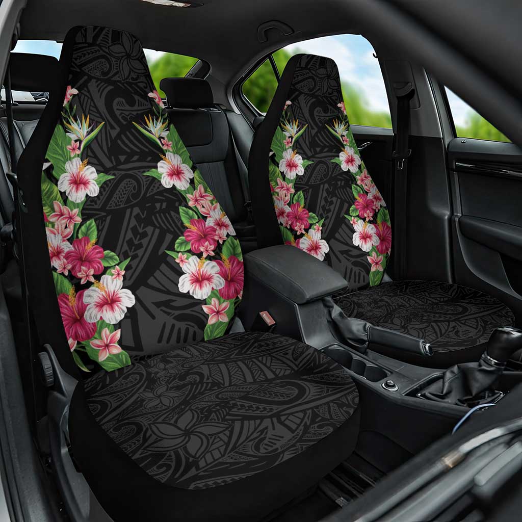 Hawaii Tropical Flowers Car Seat Cover Black Polynesian Tattoo Art
