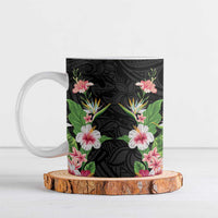 Hawaii Tropical Flowers Ceramic Mug Black Polynesian Tattoo Art