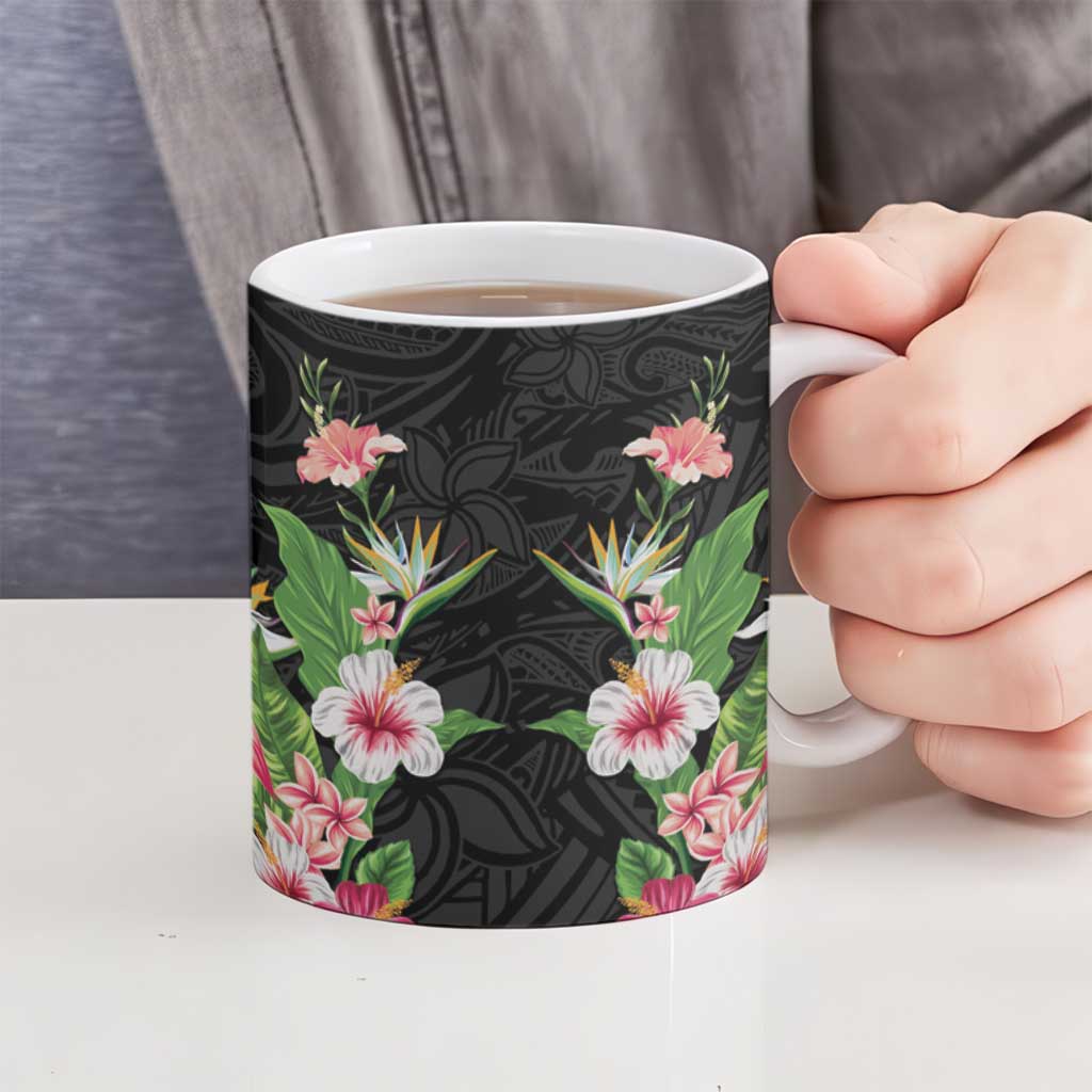 Hawaii Tropical Flowers Ceramic Mug Black Polynesian Tattoo Art