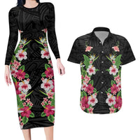 Hawaii Tropical Flowers Couples Matching Long Sleeve Bodycon Dress and Hawaiian Shirt Black Polynesian Tattoo Art LT05 Black - Polynesian Pride