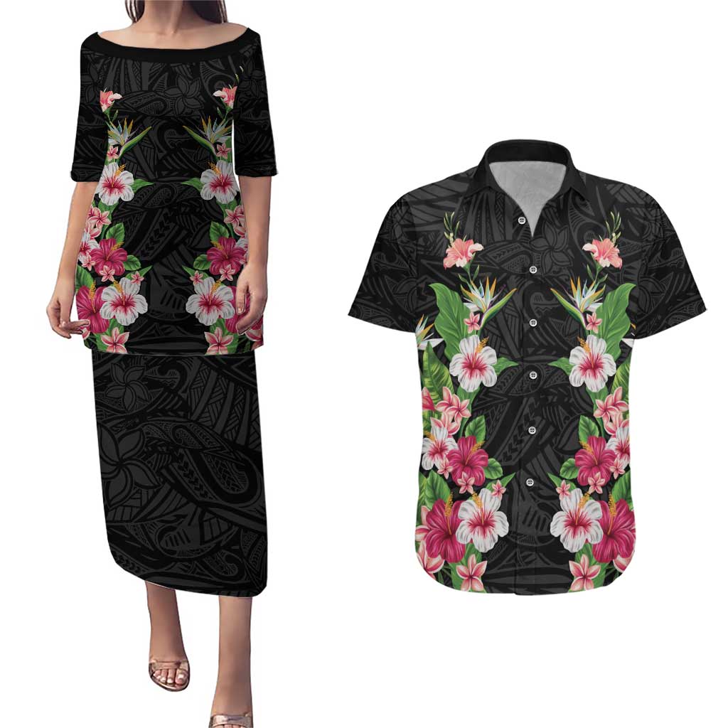 Hawaii Tropical Flowers Couples Matching Puletasi and Hawaiian Shirt Black Polynesian Tattoo Art
