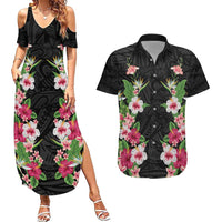 Hawaii Tropical Flowers Couples Matching Summer Maxi Dress and Hawaiian Shirt Black Polynesian Tattoo Art