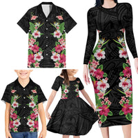 Hawaii Tropical Flowers Family Matching Long Sleeve Bodycon Dress and Hawaiian Shirt Black Polynesian Tattoo Art LT05 - Polynesian Pride