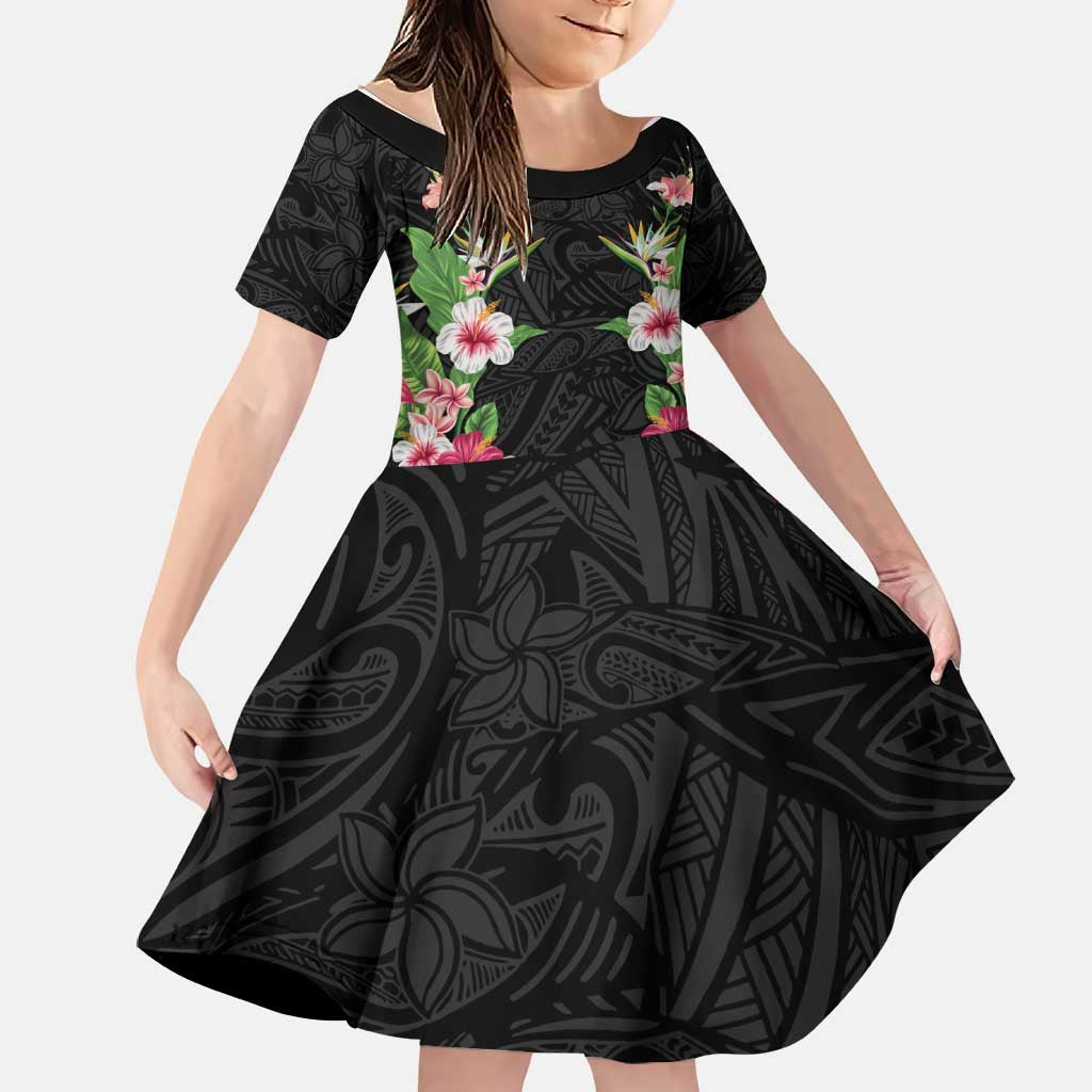Hawaii Tropical Flowers Family Matching Mermaid Dress and Hawaiian Shirt Black Polynesian Tattoo Art LT05 Daughter's Dress Black - Polynesian Pride
