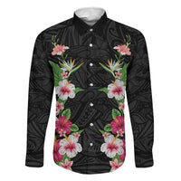 Hawaii Tropical Flowers Family Matching Mermaid Dress and Hawaiian Shirt Black Polynesian Tattoo Art LT05 Dad's Shirt - Long Sleeve Black - Polynesian Pride
